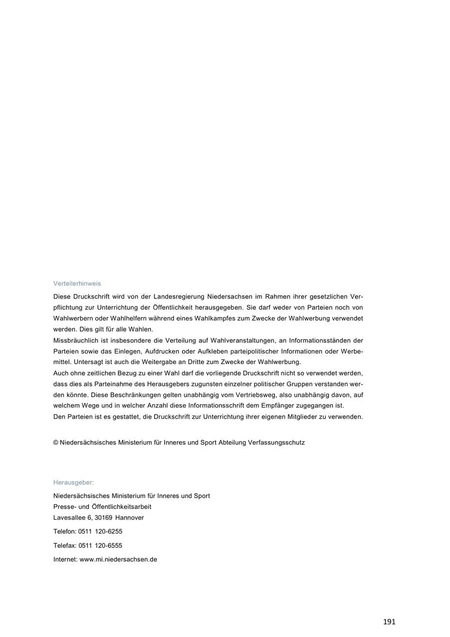 Seite 191 des Verfassungsschutzbericht 2018 Niedersachsen