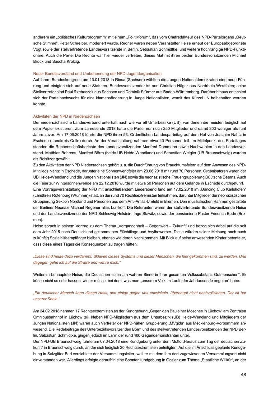 Seite 48 des Verfassungsschutzbericht 2018 Niedersachsen