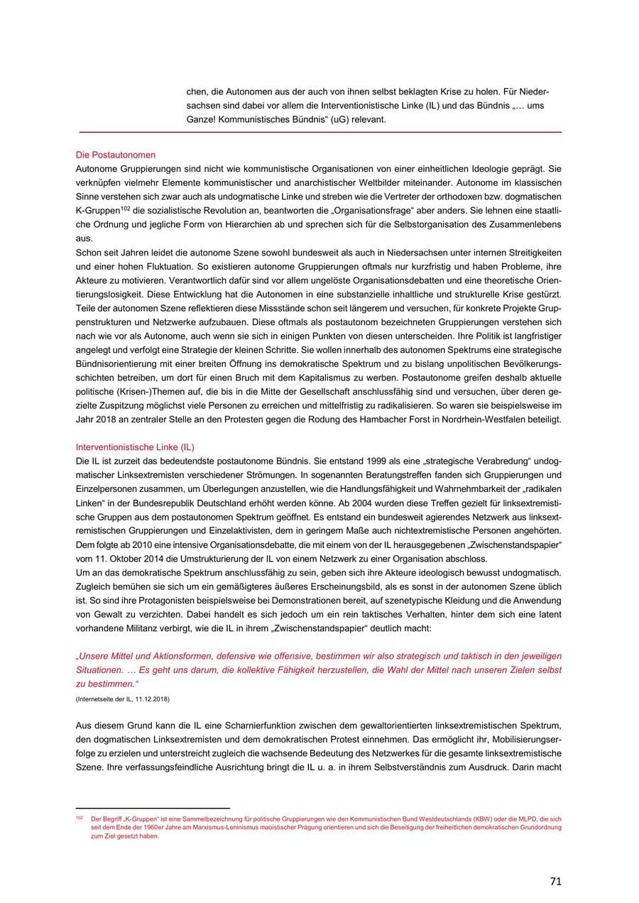 Seite 71 des Verfassungsschutzbericht 2018 Niedersachsen