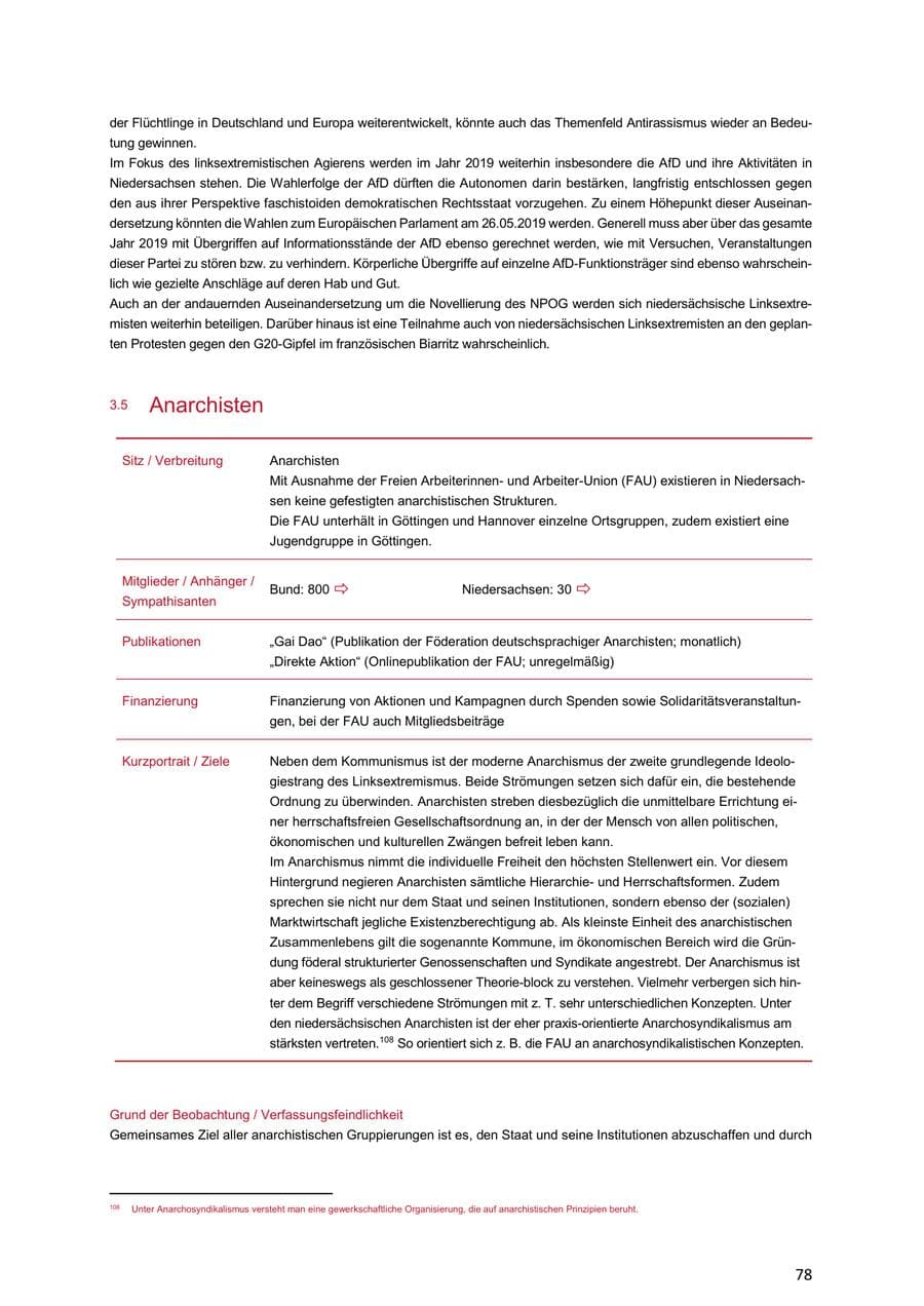 Seite 78 des Verfassungsschutzbericht 2018 Niedersachsen