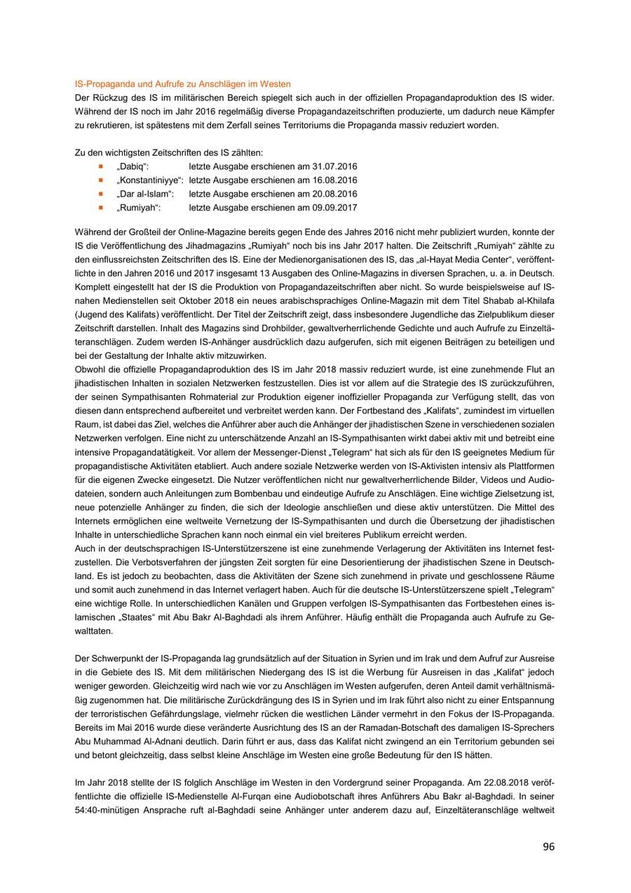 Seite 96 des Verfassungsschutzbericht 2018 Niedersachsen