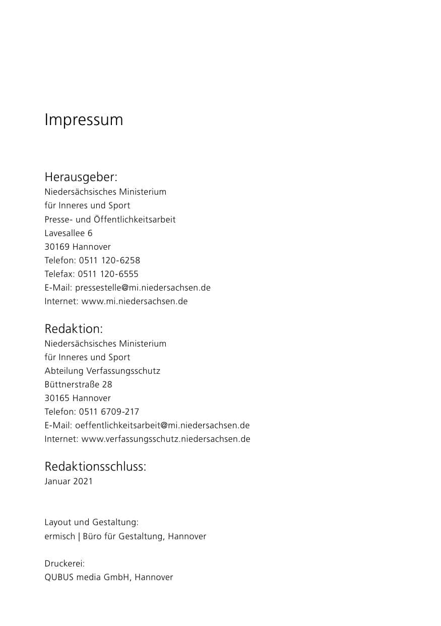 Seite 2 des Verfassungsschutzbericht 2020 Niedersachsen