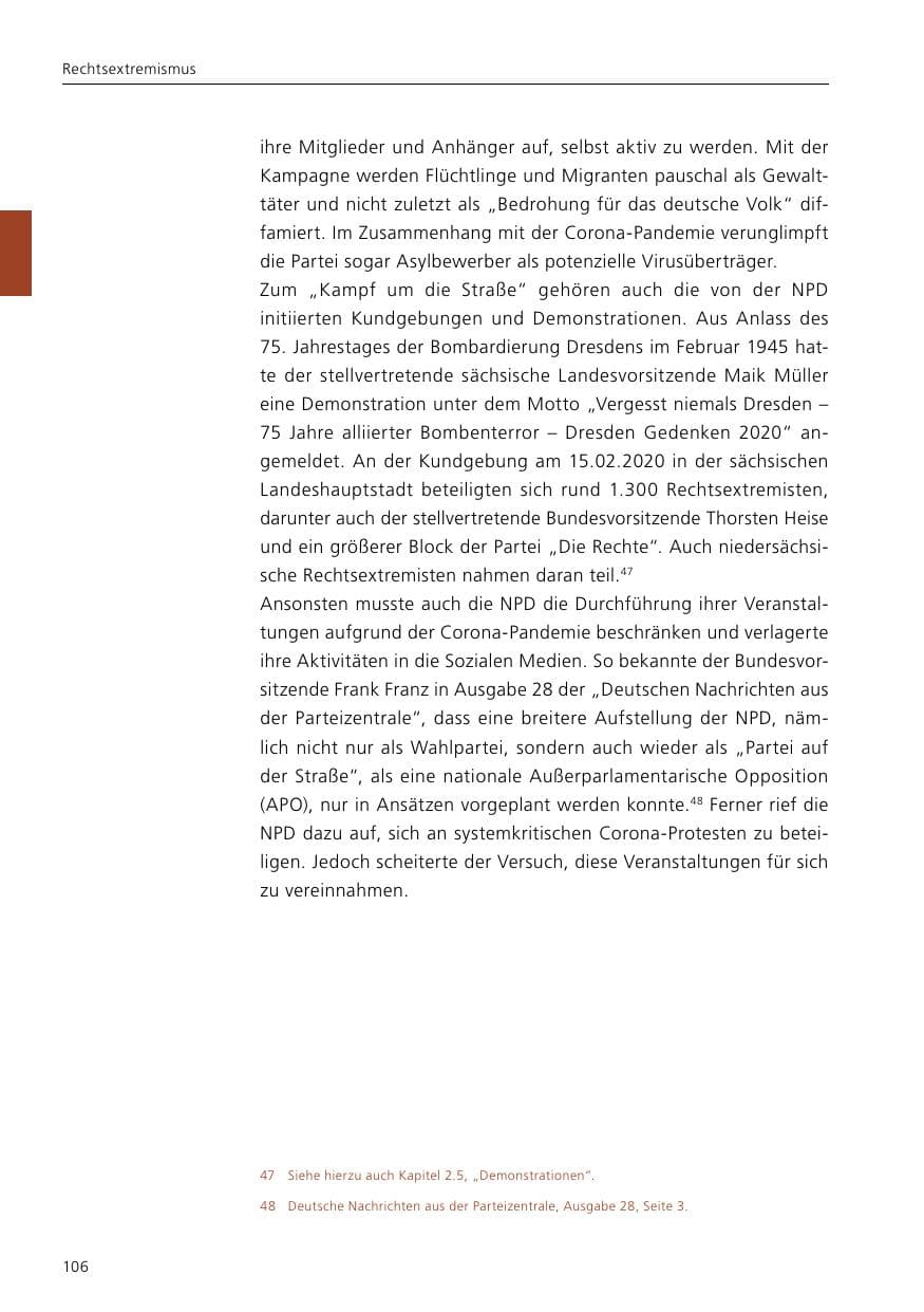 Seite 108 des Verfassungsschutzbericht 2020 Niedersachsen