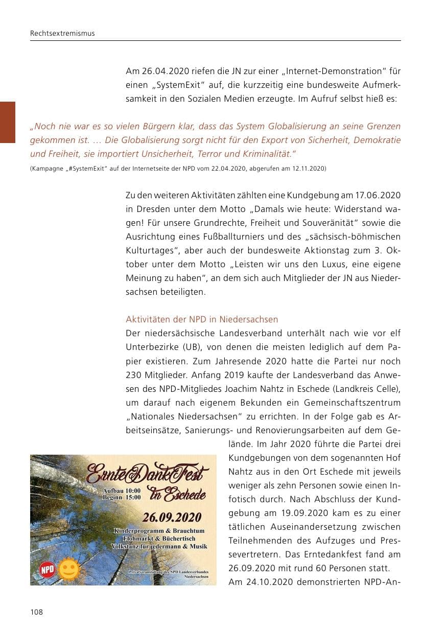 Seite 110 des Verfassungsschutzbericht 2020 Niedersachsen