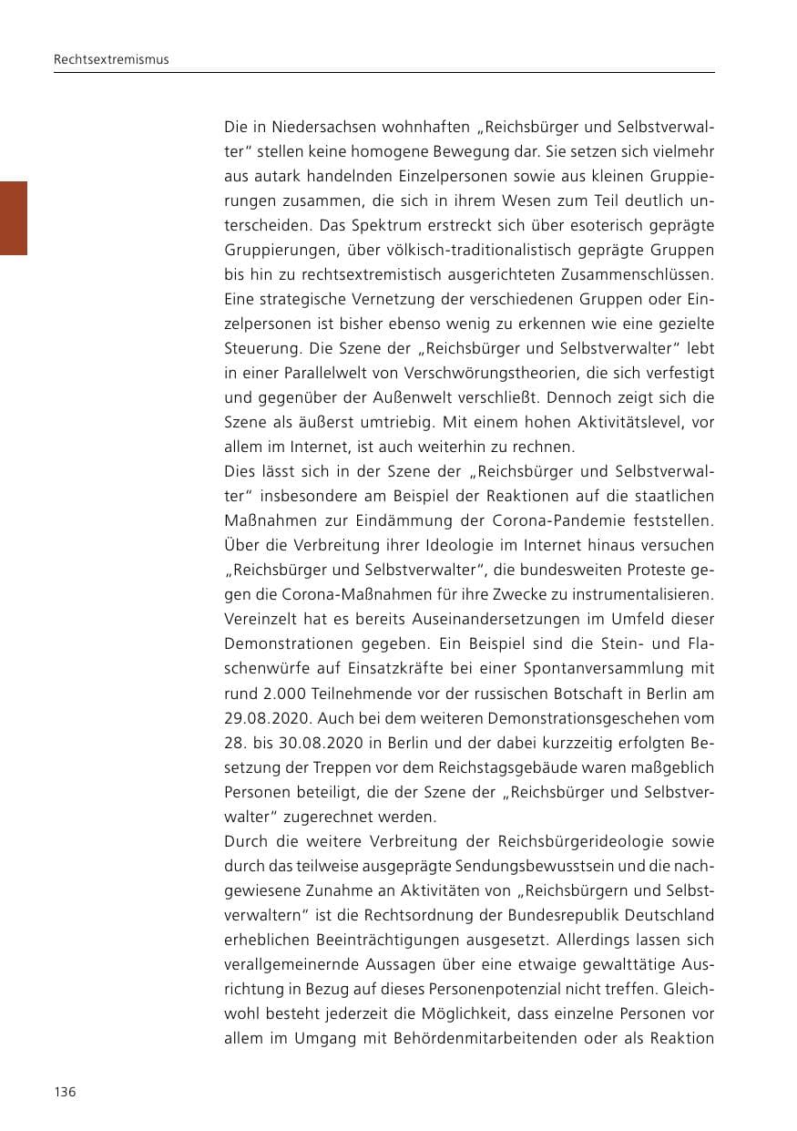 Seite 138 des Verfassungsschutzbericht 2020 Niedersachsen