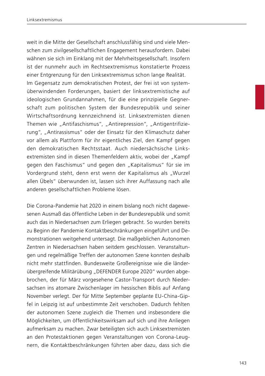 Seite 145 des Verfassungsschutzbericht 2020 Niedersachsen