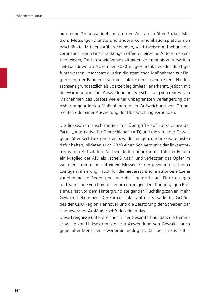 Seite 146 des Verfassungsschutzbericht 2020 Niedersachsen