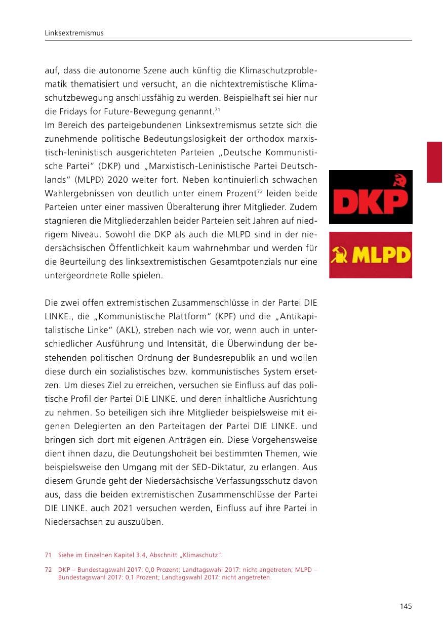 Seite 147 des Verfassungsschutzbericht 2020 Niedersachsen
