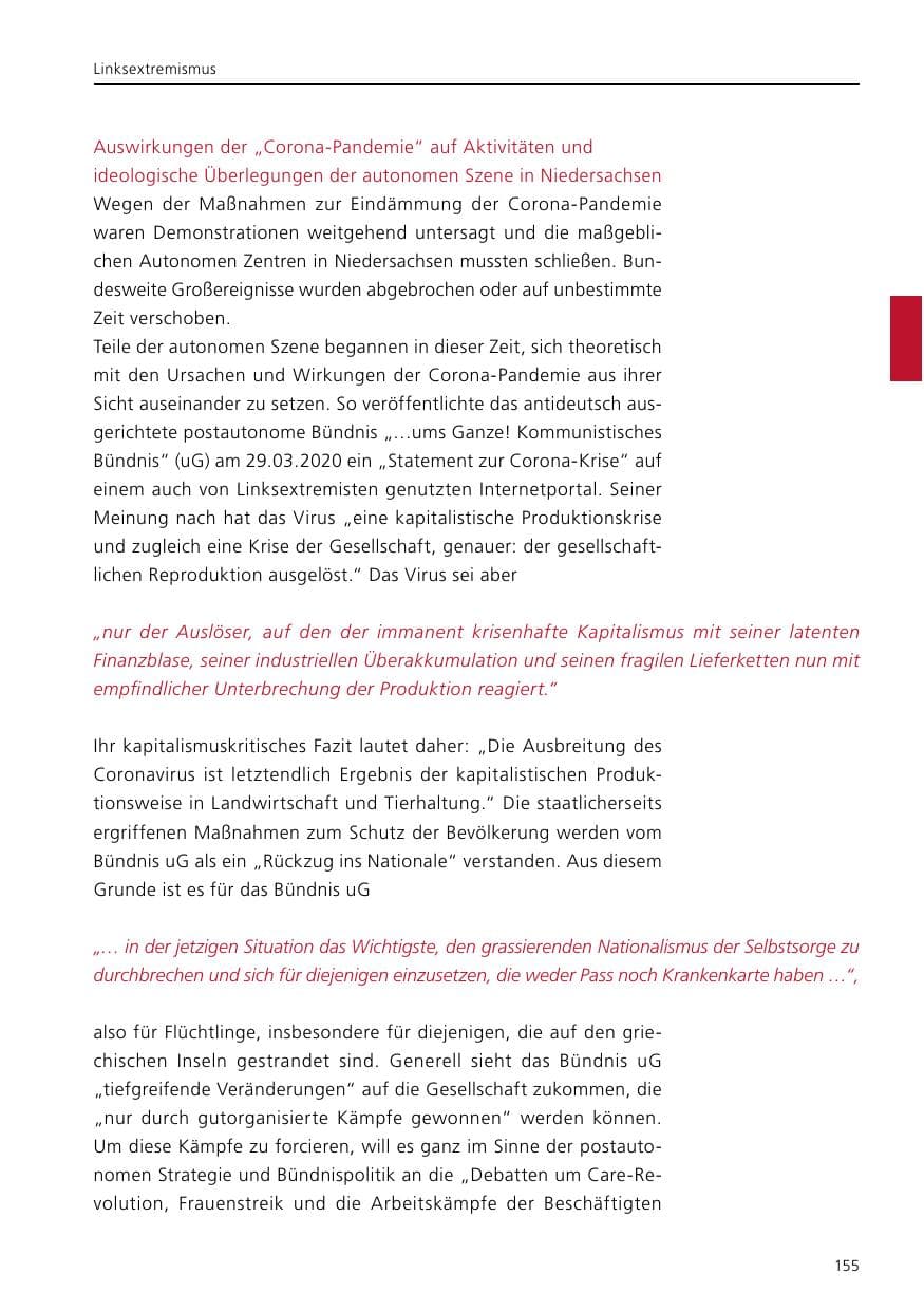 Seite 157 des Verfassungsschutzbericht 2020 Niedersachsen