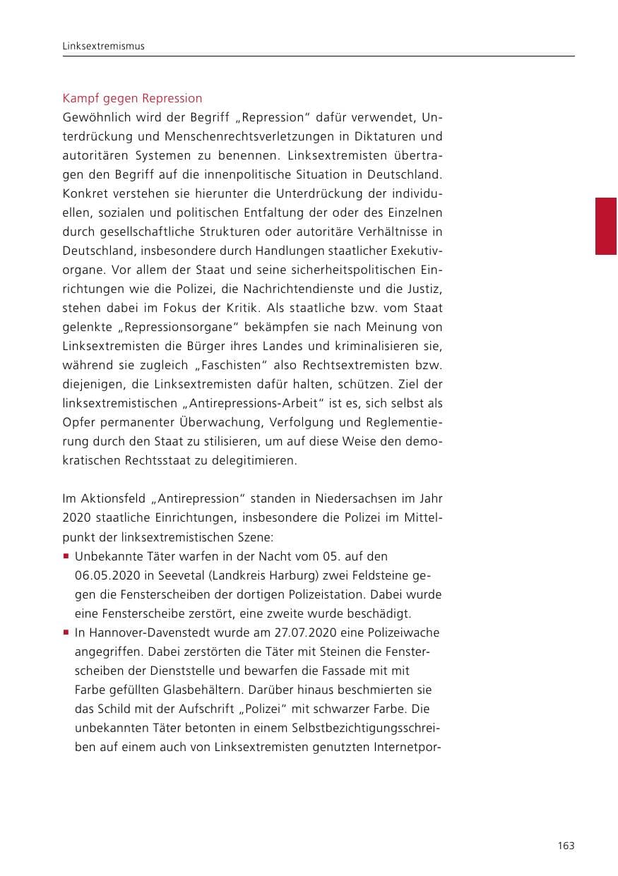 Seite 165 des Verfassungsschutzbericht 2020 Niedersachsen