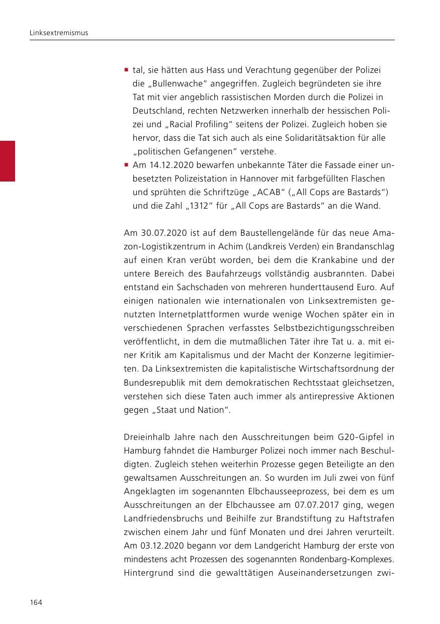Seite 166 des Verfassungsschutzbericht 2020 Niedersachsen
