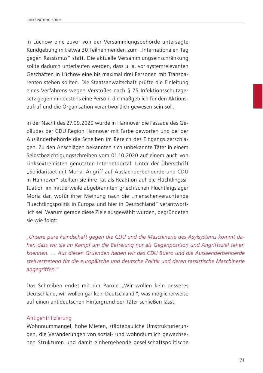 Seite 173 des Verfassungsschutzbericht 2020 Niedersachsen
