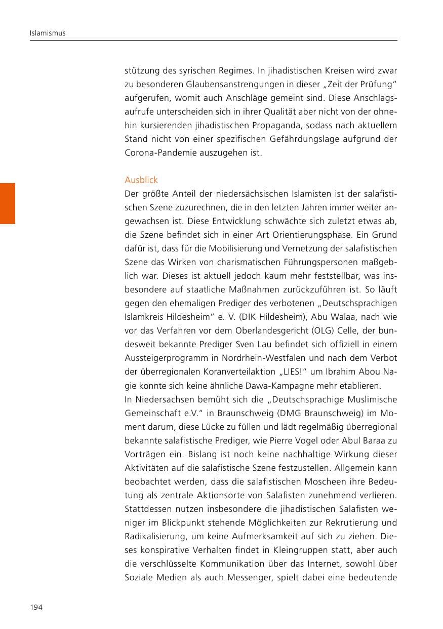 Seite 196 des Verfassungsschutzbericht 2020 Niedersachsen