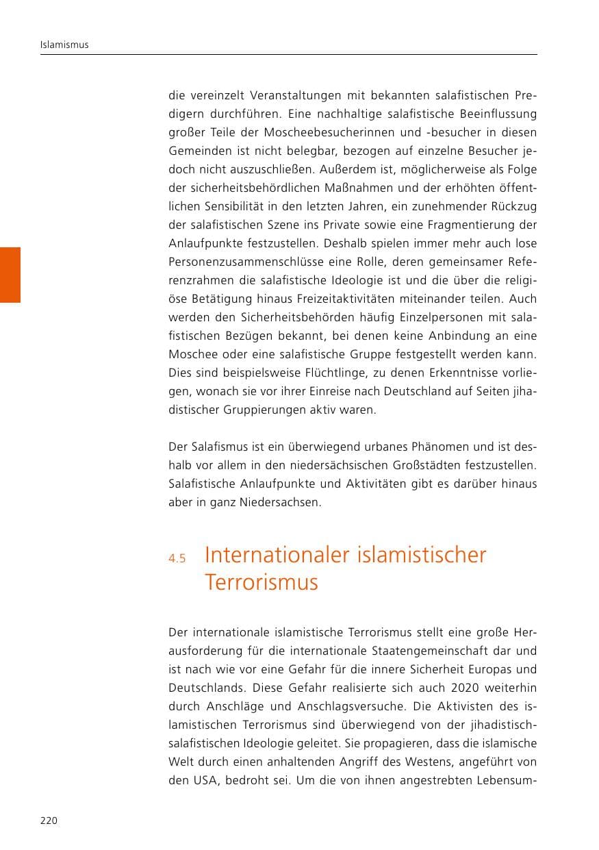 Seite 222 des Verfassungsschutzbericht 2020 Niedersachsen