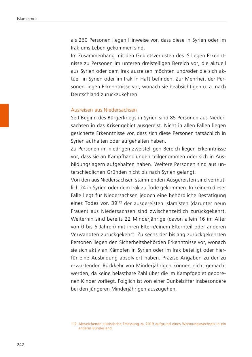 Seite 244 des Verfassungsschutzbericht 2020 Niedersachsen