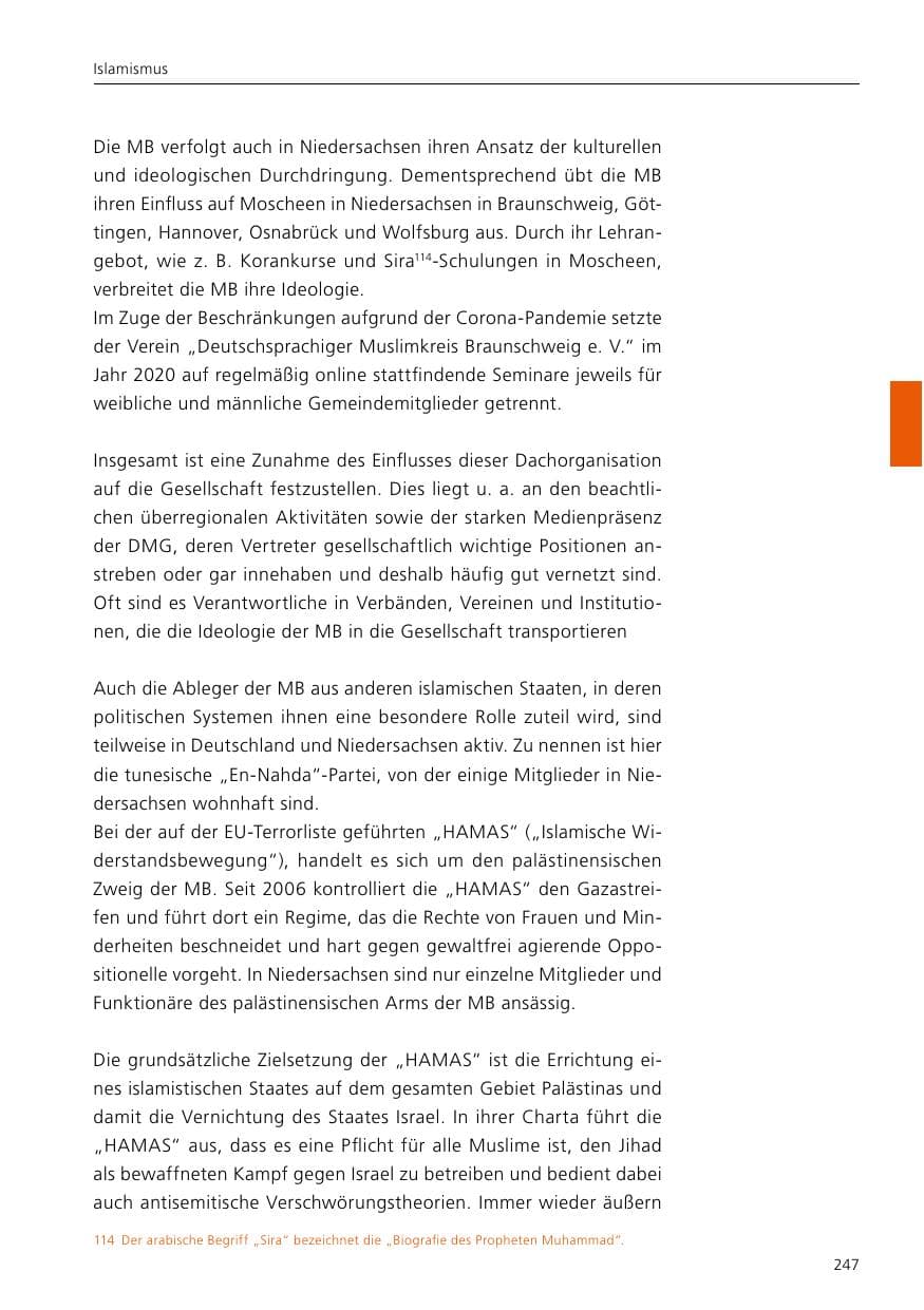 Seite 249 des Verfassungsschutzbericht 2020 Niedersachsen
