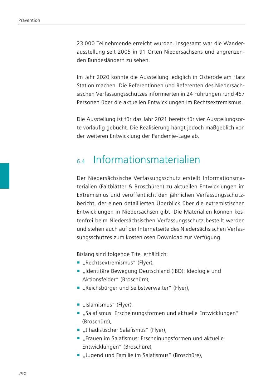 Seite 292 des Verfassungsschutzbericht 2020 Niedersachsen