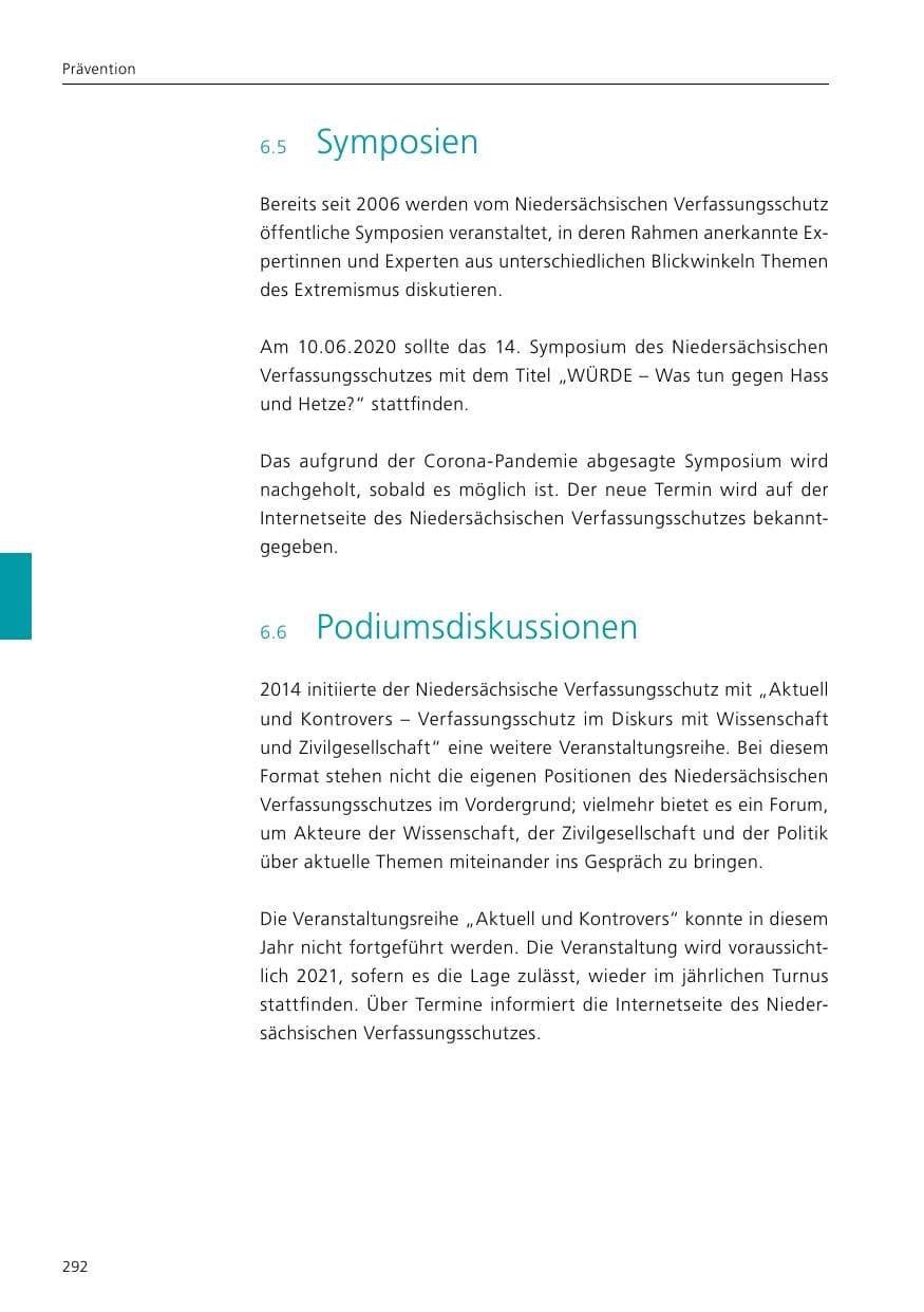 Seite 294 des Verfassungsschutzbericht 2020 Niedersachsen