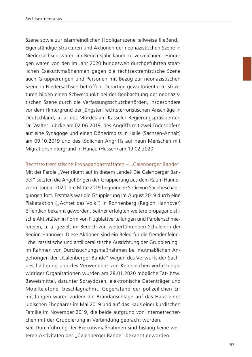 Seite 69 des Verfassungsschutzbericht 2020 Niedersachsen