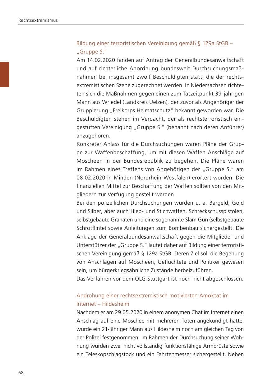 Seite 70 des Verfassungsschutzbericht 2020 Niedersachsen