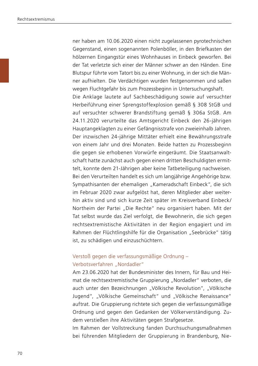 Seite 72 des Verfassungsschutzbericht 2020 Niedersachsen