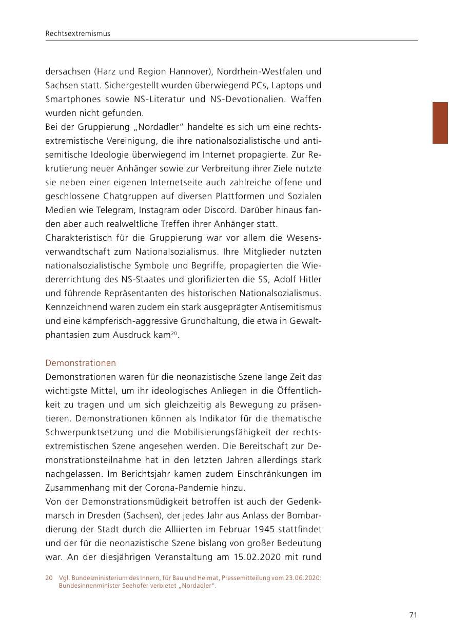 Seite 73 des Verfassungsschutzbericht 2020 Niedersachsen