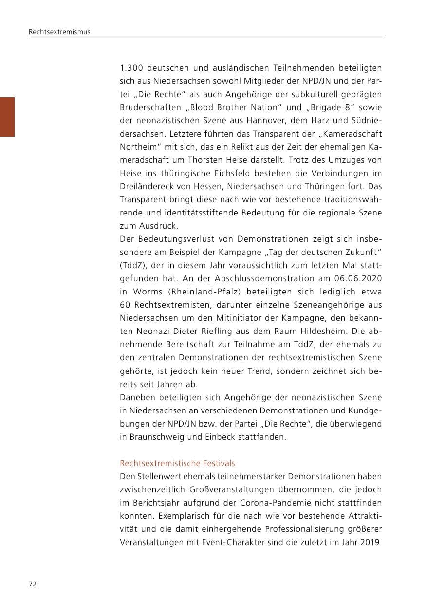 Seite 74 des Verfassungsschutzbericht 2020 Niedersachsen