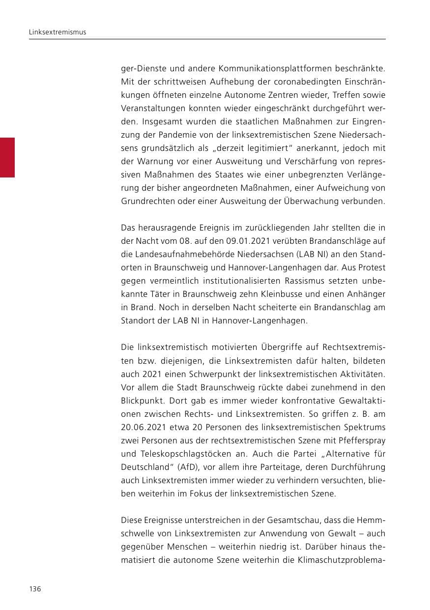 Seite 138 des Verfassungsschutzbericht 2021 Niedersachsen