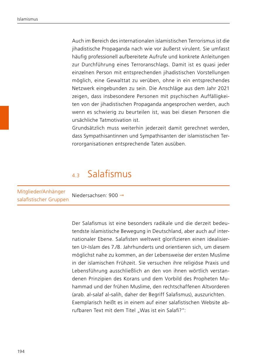 Seite 196 des Verfassungsschutzbericht 2021 Niedersachsen
