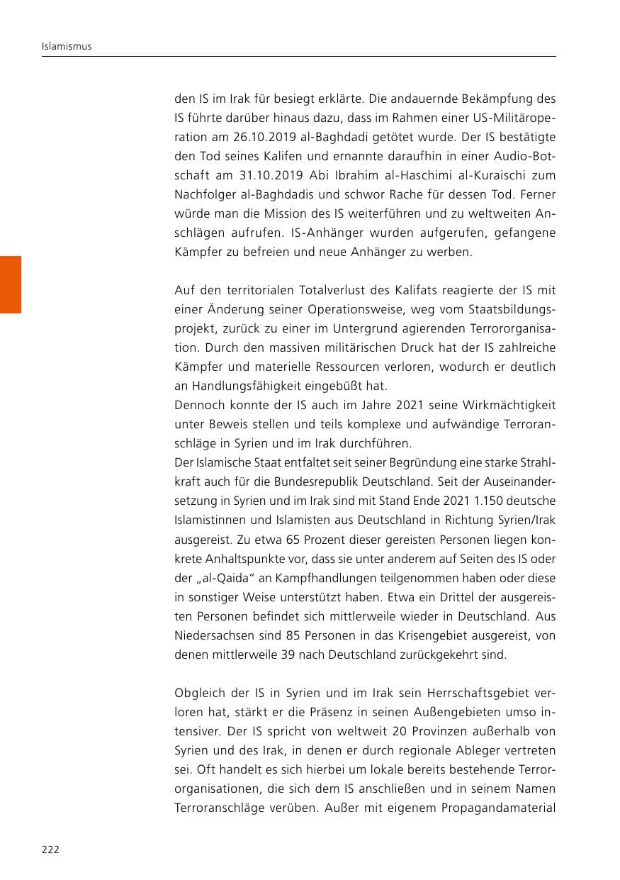 Seite 224 des Verfassungsschutzbericht 2021 Niedersachsen