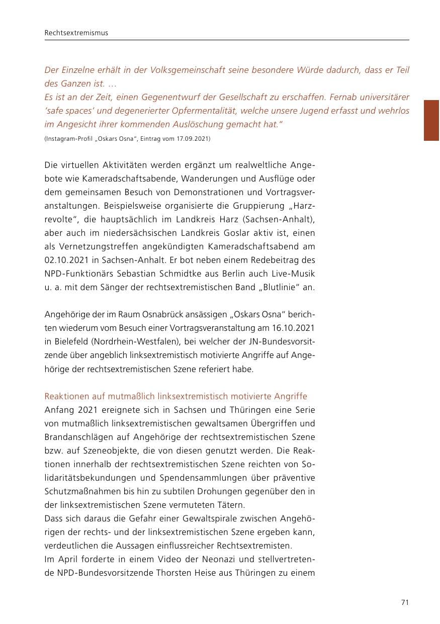 Seite 73 des Verfassungsschutzbericht 2021 Niedersachsen