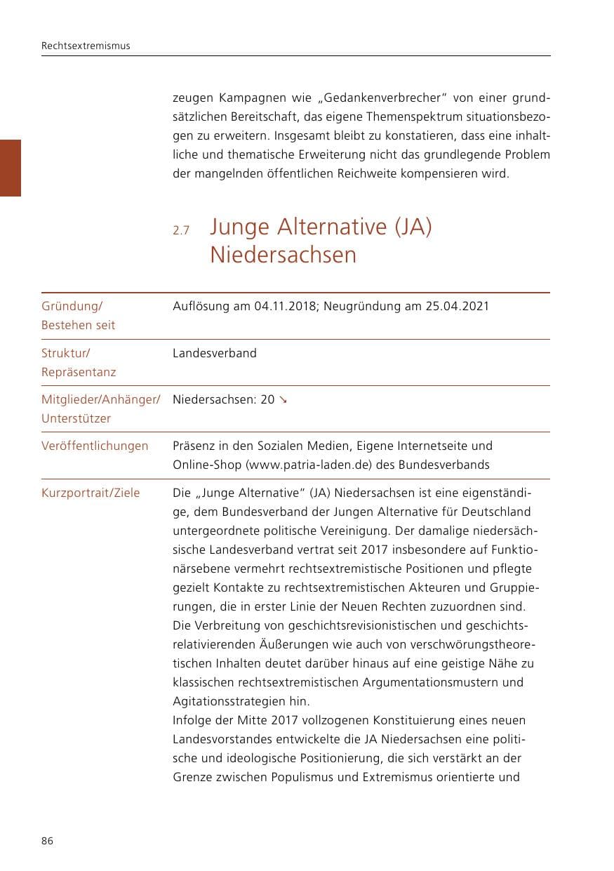 Seite 88 des Verfassungsschutzbericht 2021 Niedersachsen