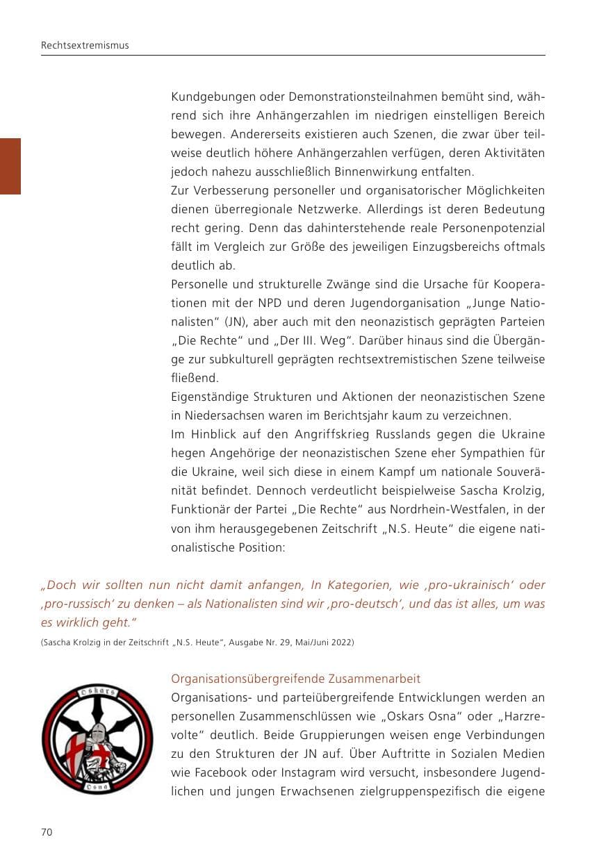 Seite 72 des Verfassungsschutzbericht 2022 Niedersachsen