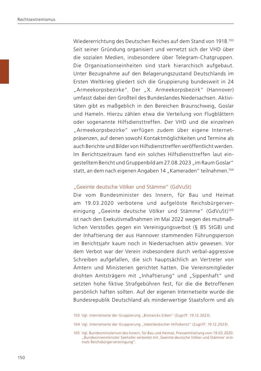 Seite 152 des Verfassungsschutzbericht 2023 Niedersachsen