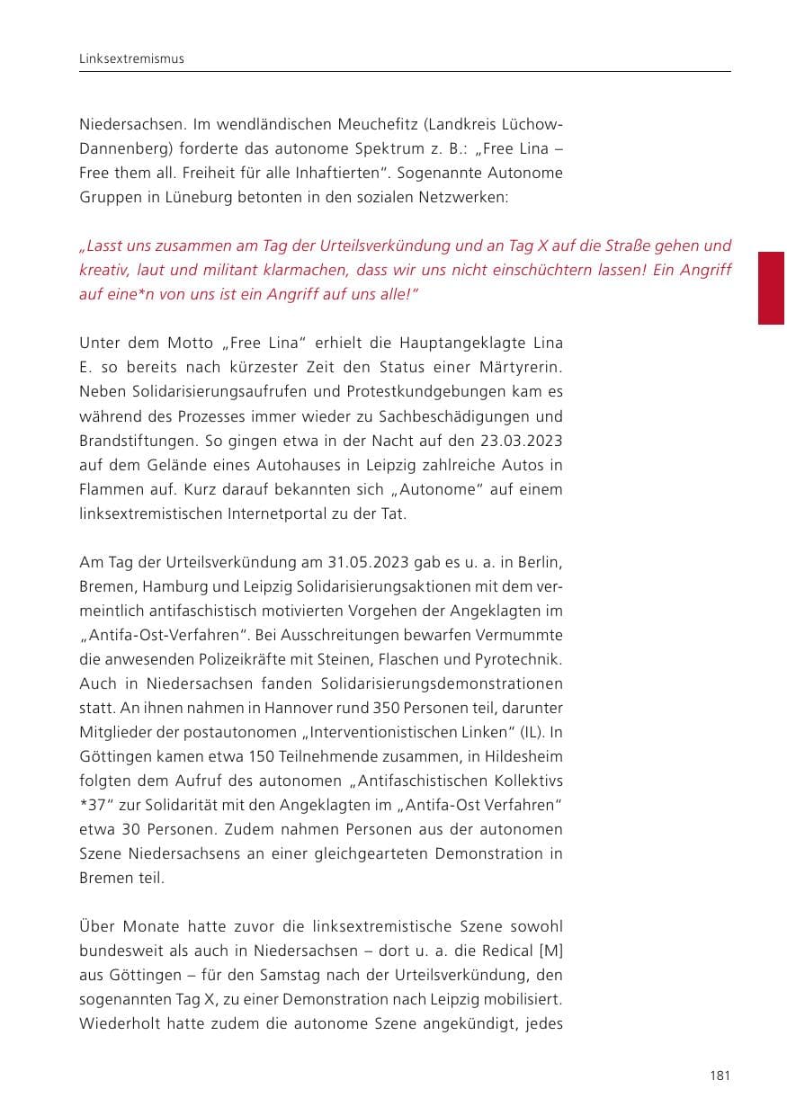 Seite 183 des Verfassungsschutzbericht 2023 Niedersachsen