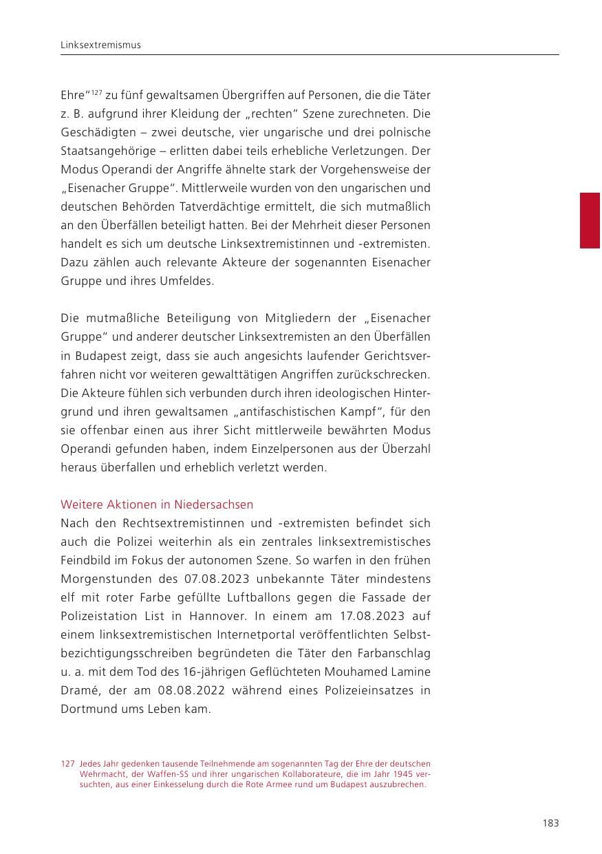Seite 185 des Verfassungsschutzbericht 2023 Niedersachsen