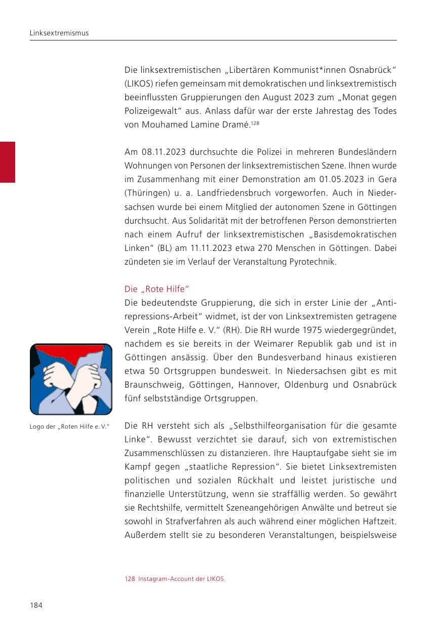 Seite 186 des Verfassungsschutzbericht 2023 Niedersachsen