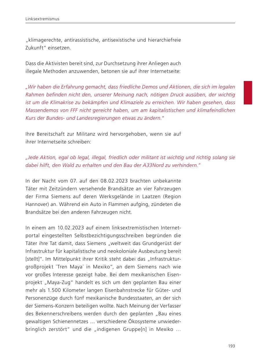 Seite 195 des Verfassungsschutzbericht 2023 Niedersachsen