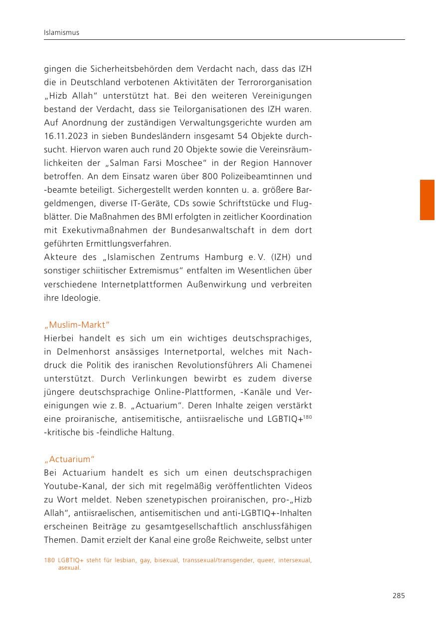 Seite 287 des Verfassungsschutzbericht 2023 Niedersachsen