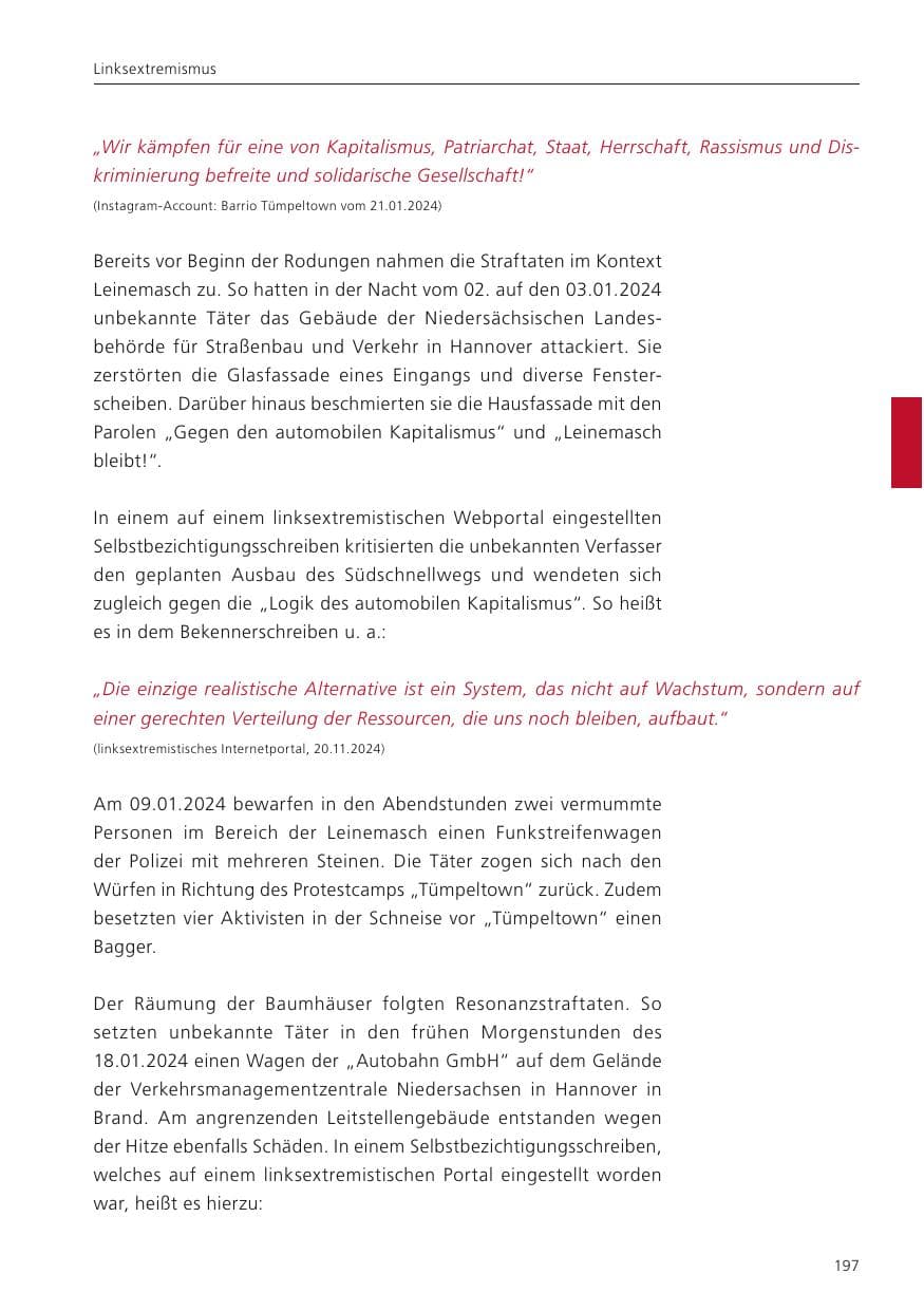 Seite 198 des Verfassungsschutzbericht 2024 Niedersachsen