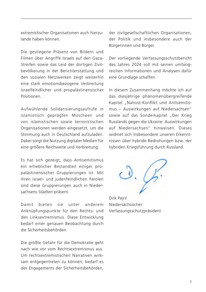 Seite 8 des Verfassungsschutzbericht 2024 Niedersachsen