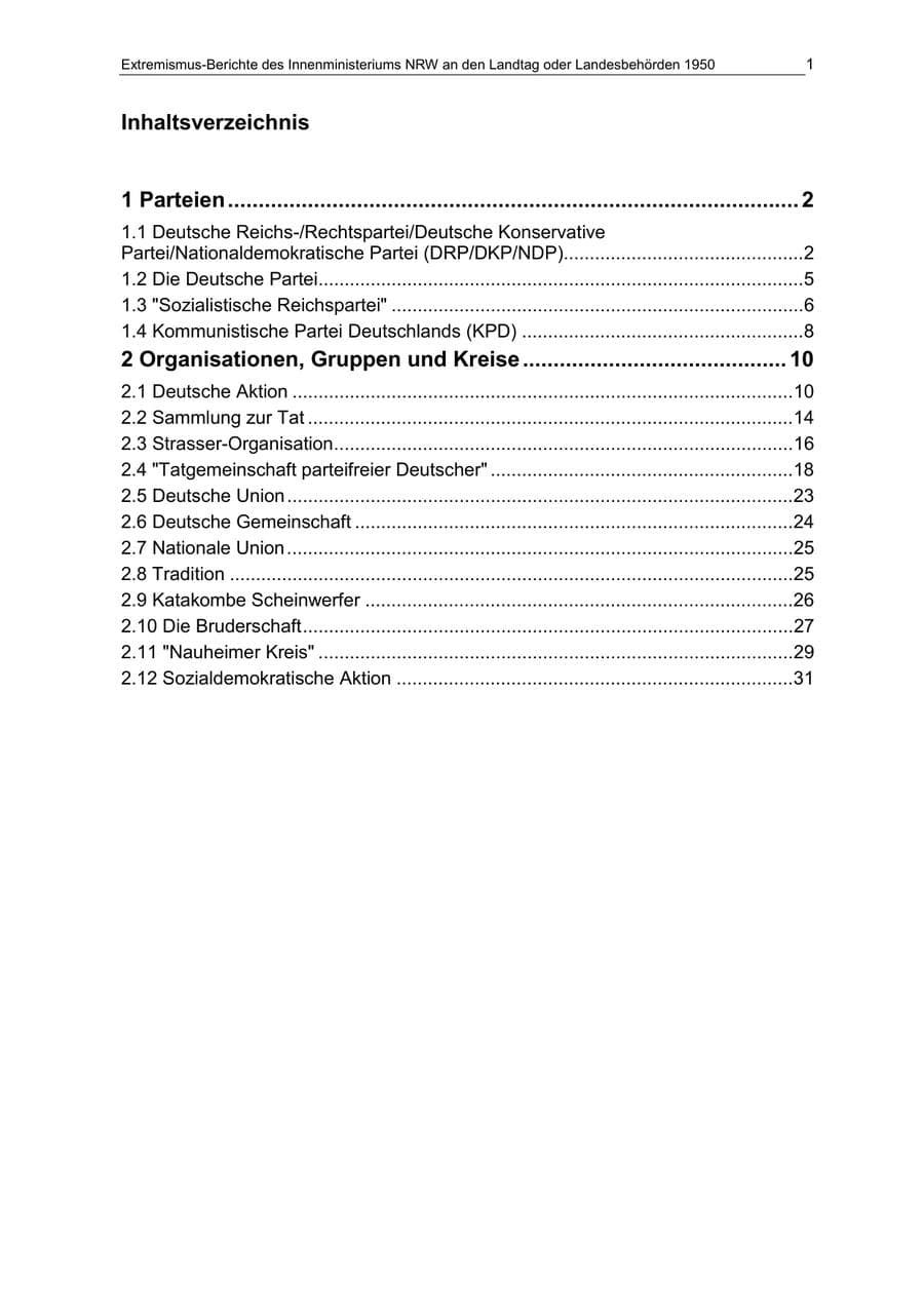Seite 1 des Verfassungsschutzbericht 1950 Nordrhein-Westfalen