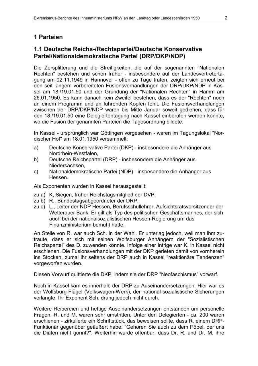Seite 2 des Verfassungsschutzbericht 1950 Nordrhein-Westfalen