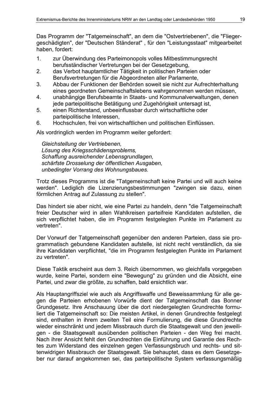 Seite 19 des Verfassungsschutzbericht 1950 Nordrhein-Westfalen