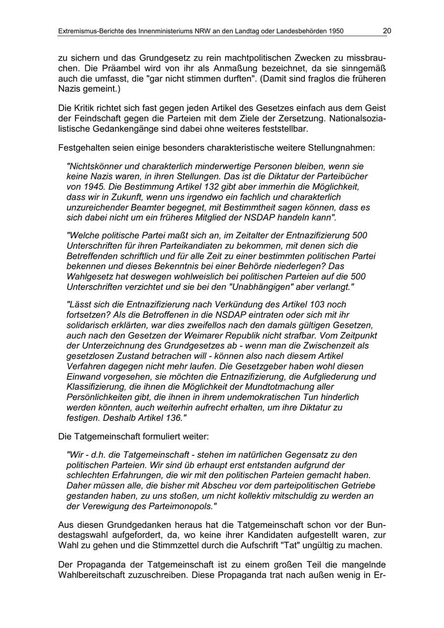 Seite 20 des Verfassungsschutzbericht 1950 Nordrhein-Westfalen