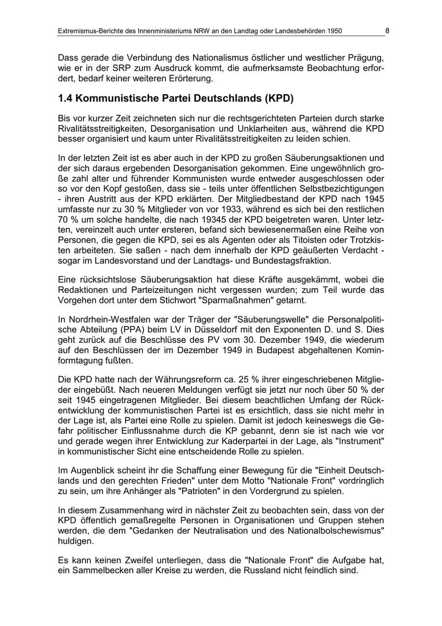 Seite 8 des Verfassungsschutzbericht 1950 Nordrhein-Westfalen