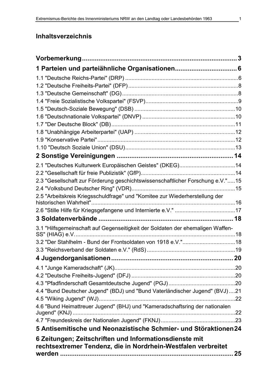 Seite 1 des Verfassungsschutzbericht 1963 Nordrhein-Westfalen