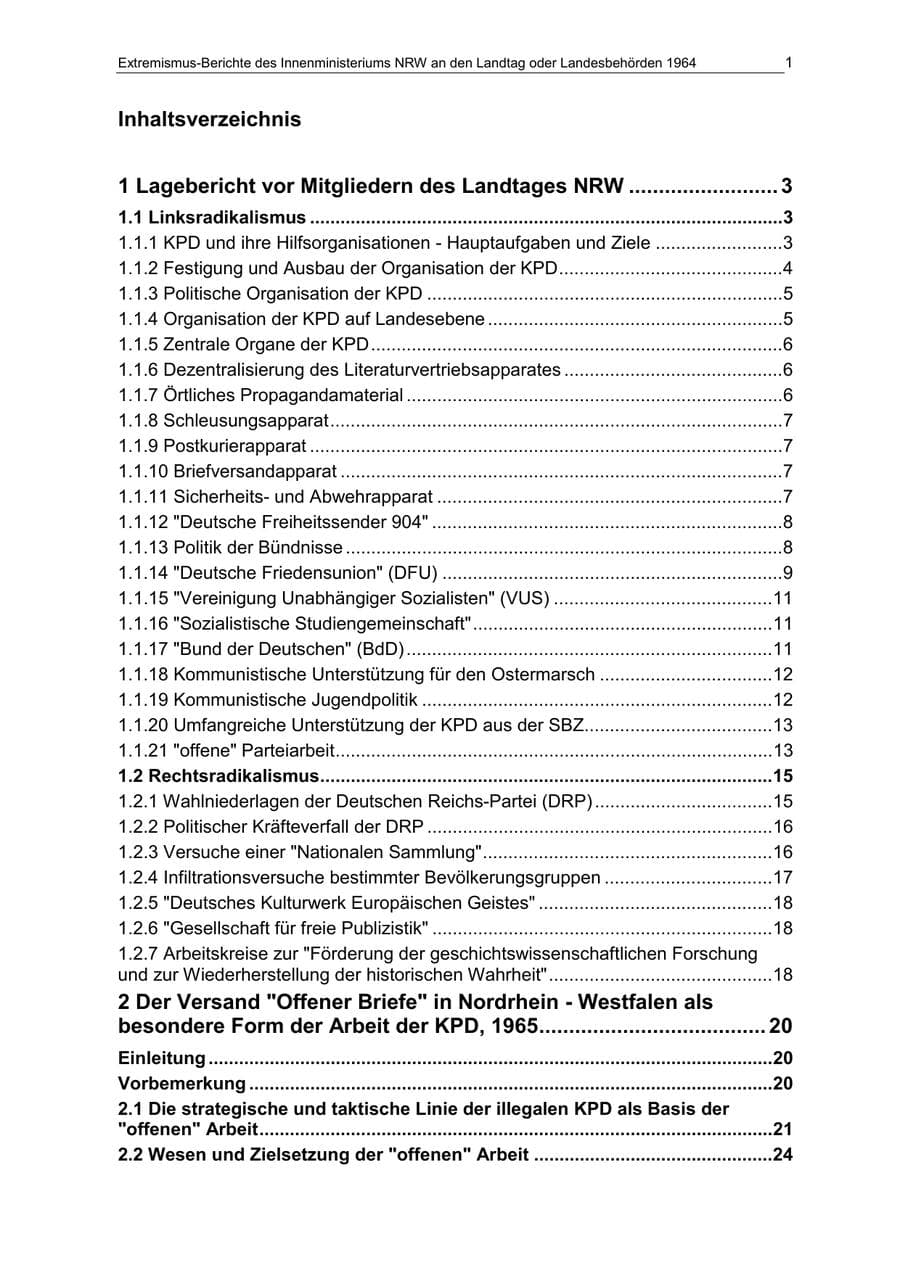 Seite 1 des Verfassungsschutzbericht 1964 Nordrhein-Westfalen