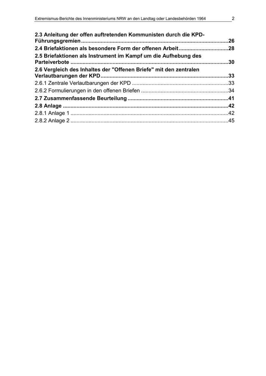 Seite 2 des Verfassungsschutzbericht 1964 Nordrhein-Westfalen