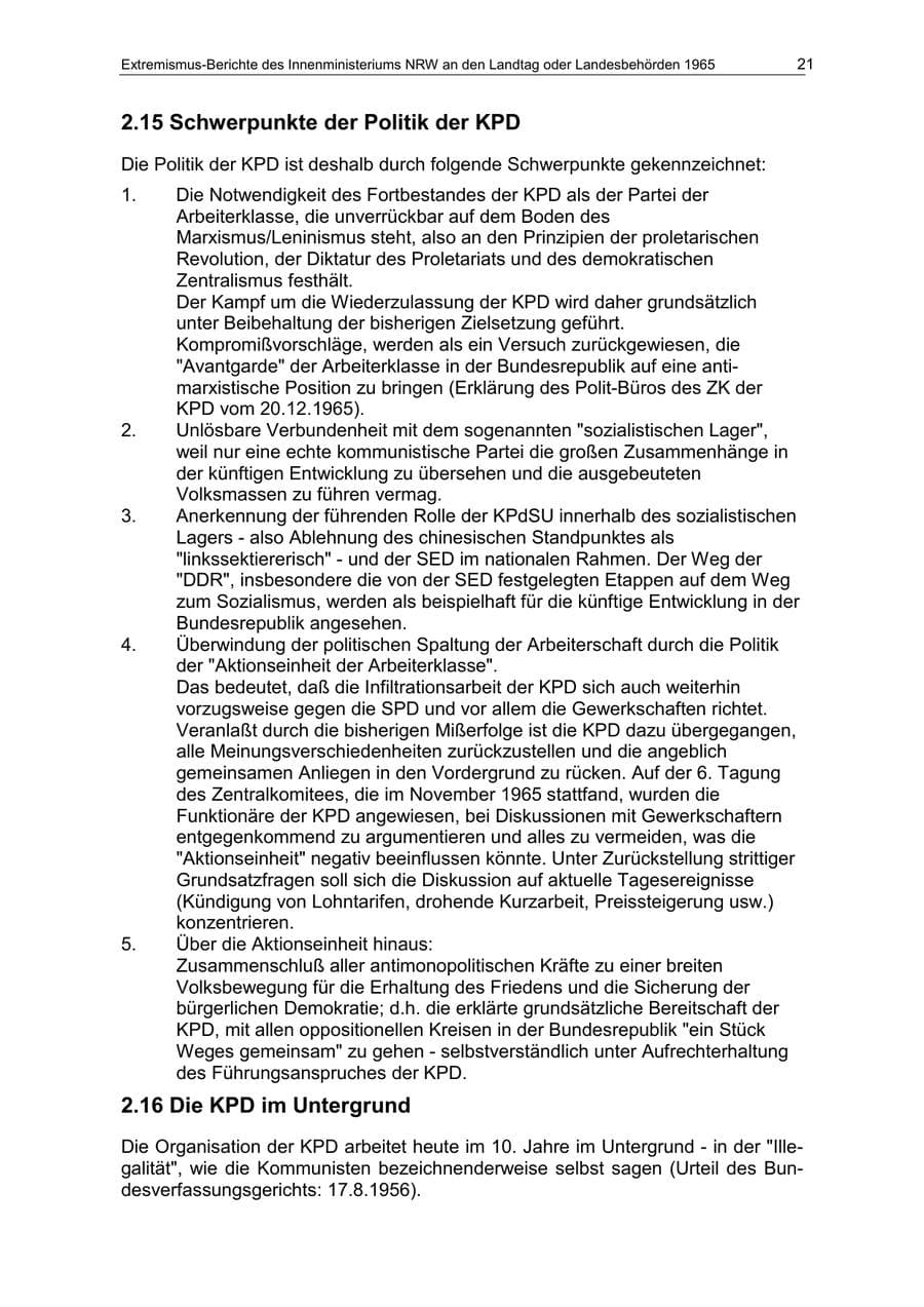 Seite 21 des Verfassungsschutzbericht 1965 Nordrhein-Westfalen